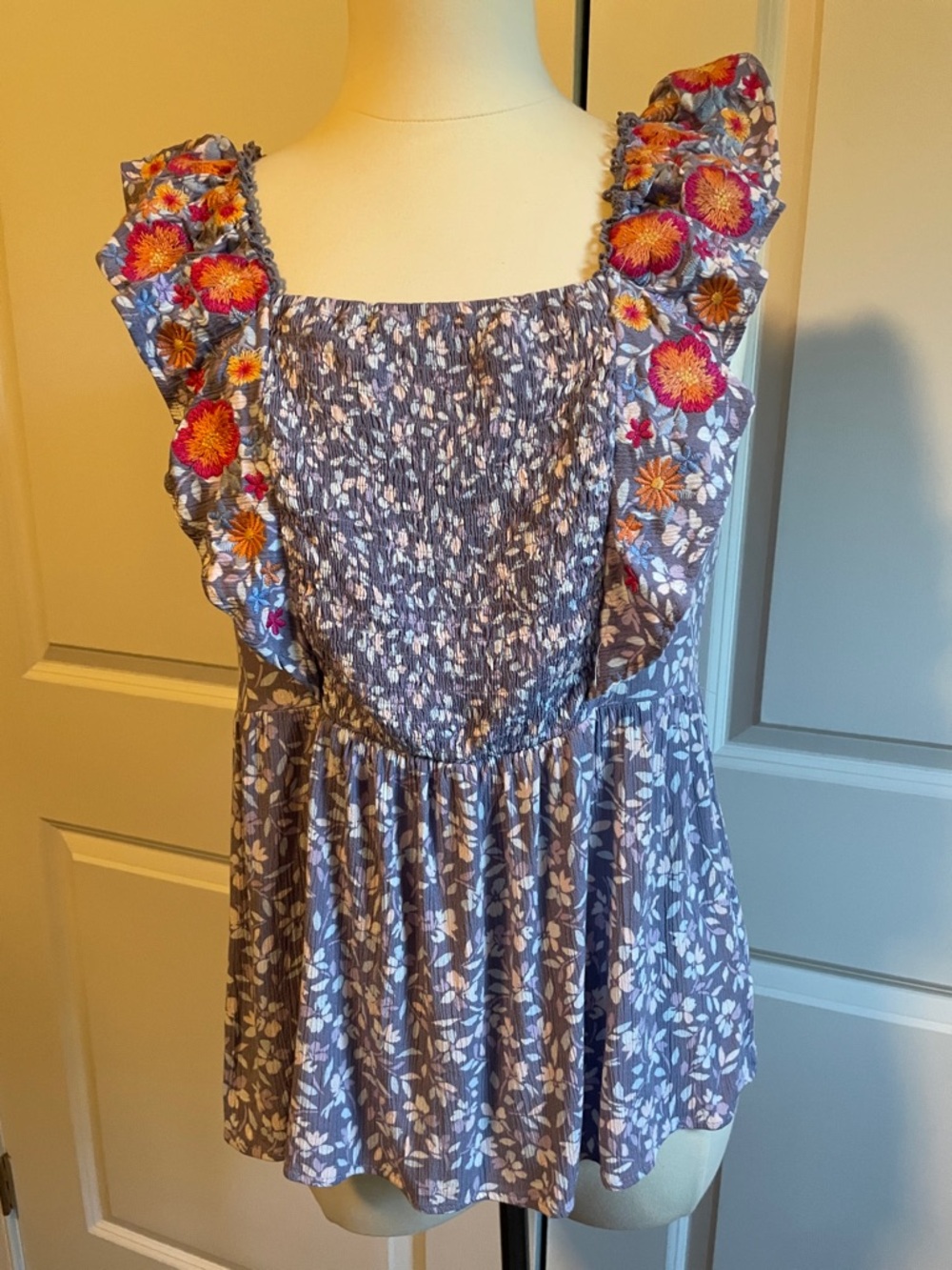 Savanna Jane Smocked Ruffle Blouse - Lavender Embroidered Ruffles Small